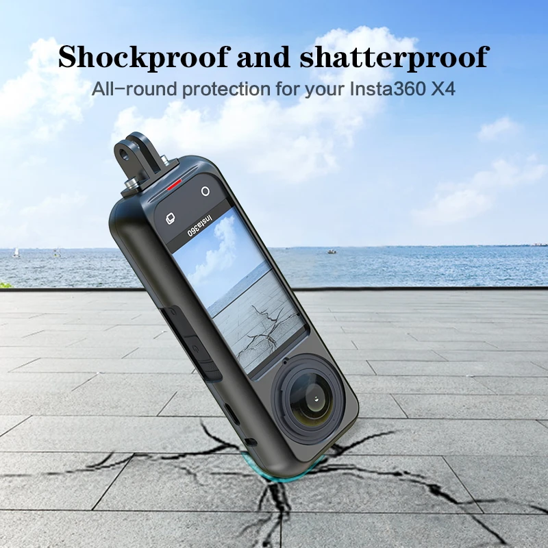 Vue éclatée de la cage de protection métal Insta360 X4, montrant les vis de fixation et le cadre robuste pour une protection anti-chute.