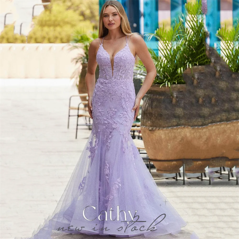 

Cathy Lavender Lace Embroid Vestidos De Noche Sweet Spaghetti Strap Mermaid Prom Dress 2023 Fairy Full Body Lace فساتين السهرة