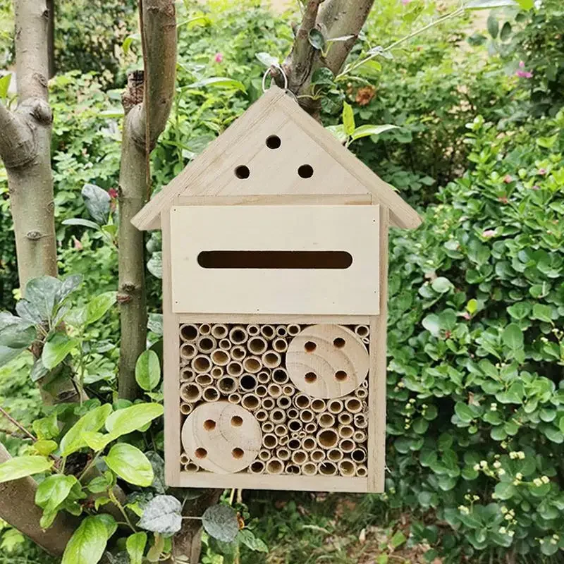 Mason Bee House Empty Natural Wooden Mason Bee Box and Butterfly Hotel Outdoor Garden Box Durable and Stylish Garden