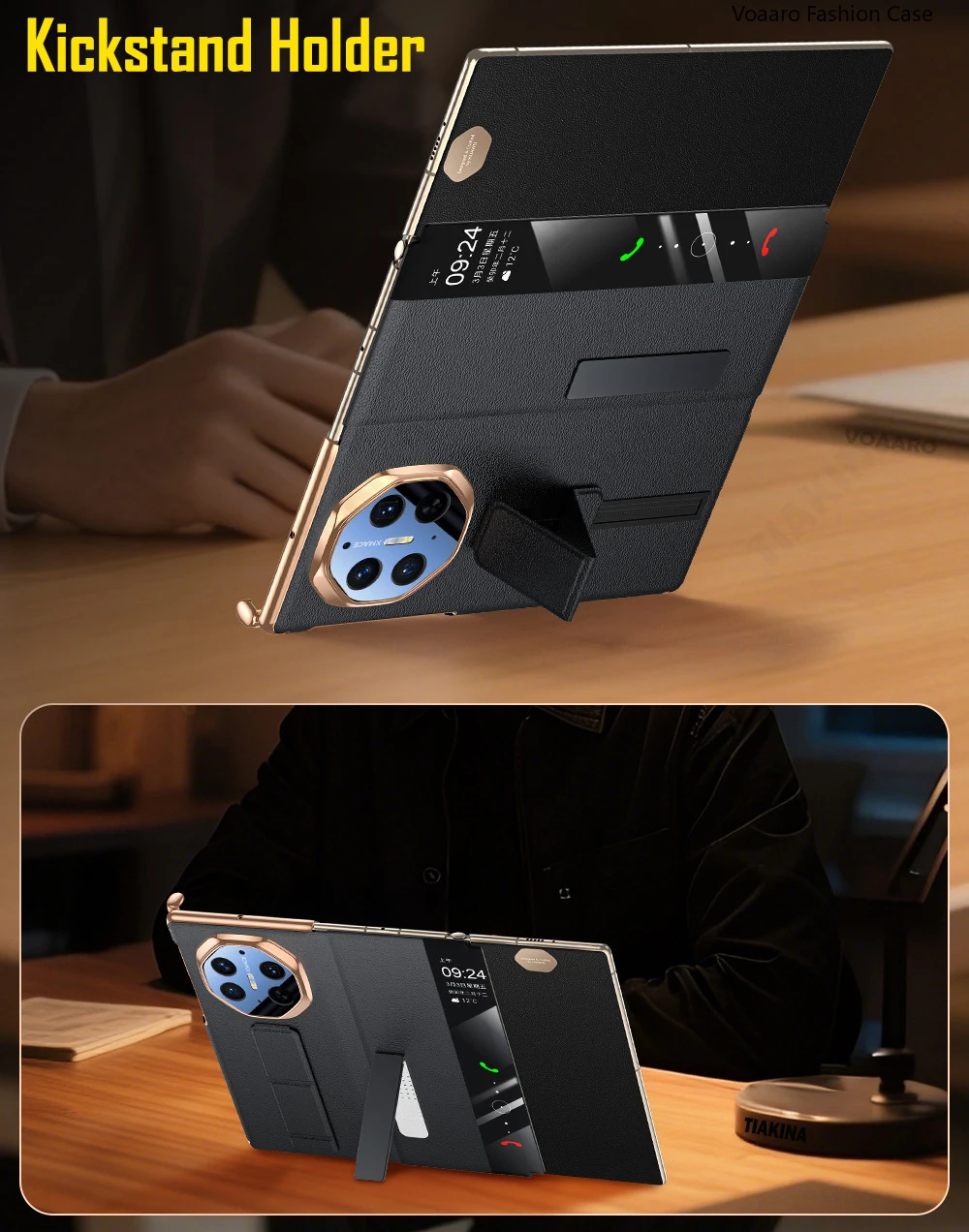 Genuine Leather Smart Touch Flip Case with Adjustable Wristband and Kickstand