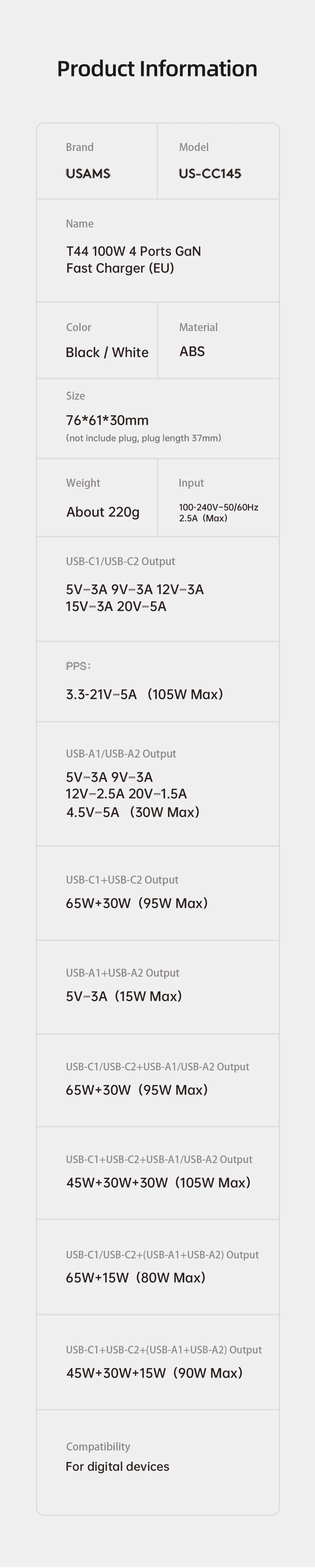 65 watt usb c charger USAMS T44 100W 4 Ports GaN Fast Charging USB A C Power Adapter Phone Charger For iPhone iPad Huawei Xiaomi Samsung Tablet Laptop best 65w usb c charger