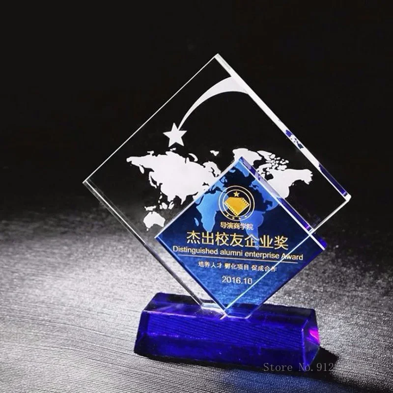 Customized Personalized Custom Geometric Shape Crystal Trophy Creative Event Souvenir Decor,Blue Transparent Honor Souvenir, 1Pc