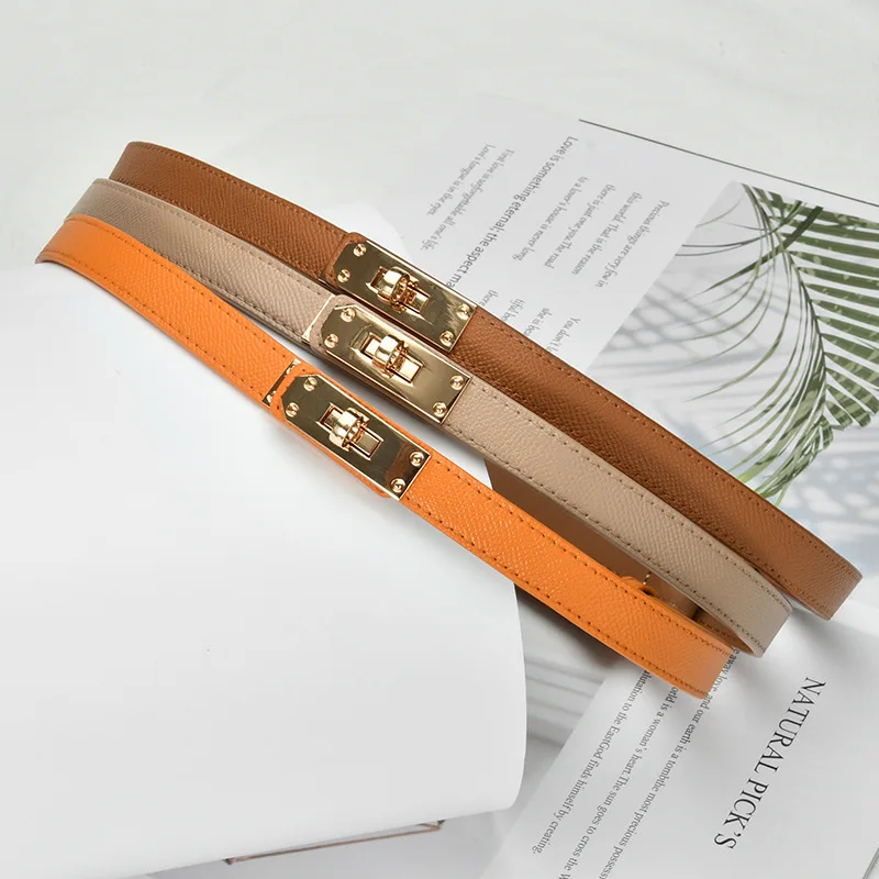 

Female Belt Genuine Cow Leather Ladies Retro Style 1.8cm Thin Cummerbunds Casual Luxury Metal Belt For Dress Coat