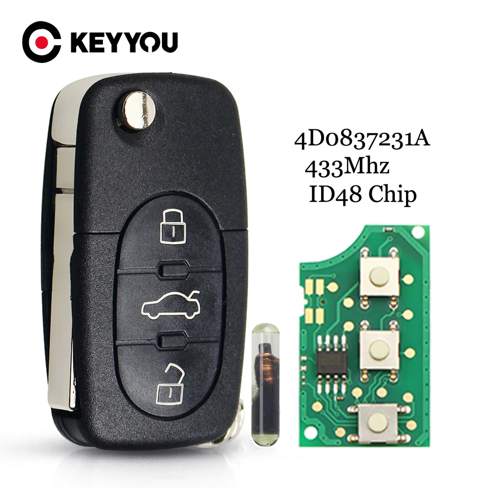 Keyyou Per Audi A3 A4 A6 A8 B5 Tt Rs4 Quattro 1994 - 2004 Vecchi Modelli 433Mhz Id48 Chip Hu66 Car Remote Flip Key 4 D0837231 A K N