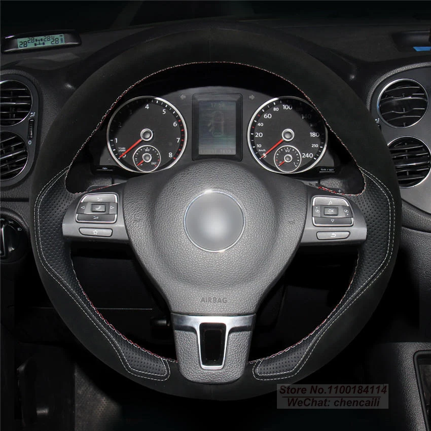 Customized Suede Alcantara Black Genuine Leather Car Steering Wheel Cover Wrap For Volkswagen Vw