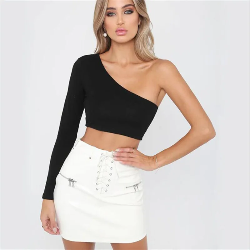 2024 Summer European-American Style Diagonal Shoulder Long Sleeve Crop Top