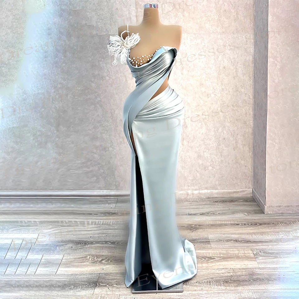 

2024 New Light Blue Women's Mermaid Generous Evening Dresses One Shoulder Prom Gowns High Side Split Pearls Beaded فساتين سهرة