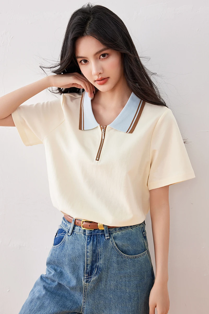 

Новинка 2024, Летняя женская одежда контрастных цветов с воротником-поло, Модные свободные пуловеры, повседневные футболки, топы