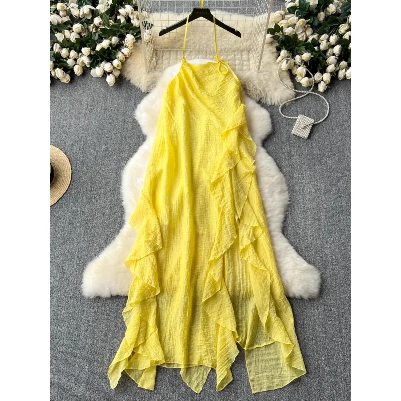 

Yellow Holiday Style Beach Party Long Dress Women Design Stitching Halter Strap Fairy Dress Summer Ruffled Long Dress vestidos