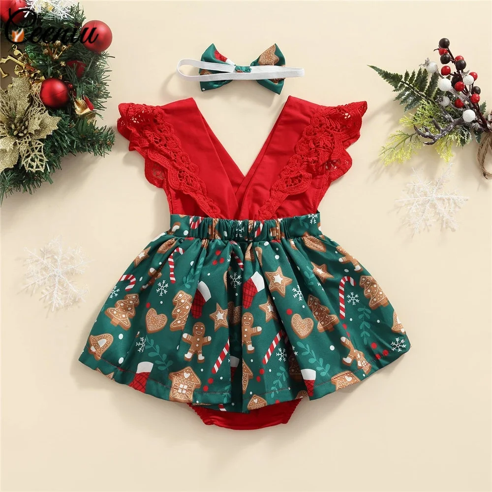 Ceeniu Baby Girl Christmas Clothes Green Tree Gingerbread Man Print Romper Dress For New Year My First Christmas Baby Costume Cotton Romper Baby Dress Baby Clothing Baby Jumpsuit