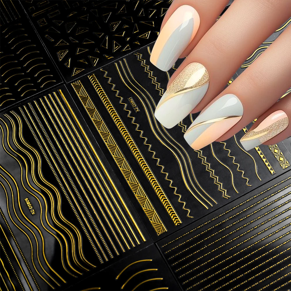 3D Gold Metallic Nail Art Stickers Irregular Stripes French Metallic Wavy Line Self-Adhesive Decals DIY Nail Supplies 12pcs nail stickers decorative stickers nail art decoration nail decals