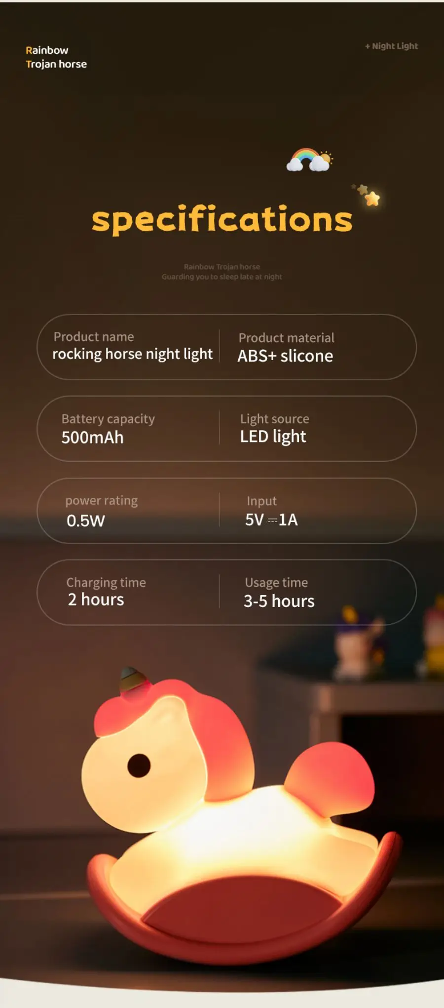 Nachtlicht für Kinder, Kawaii-Trojaner-Pferd-Nachtlampe, wiederaufladbare USB-Nachtlichter, Geburtstagsgeschenke für Jungen und Mädchen, Raumdekoration_voghion.com