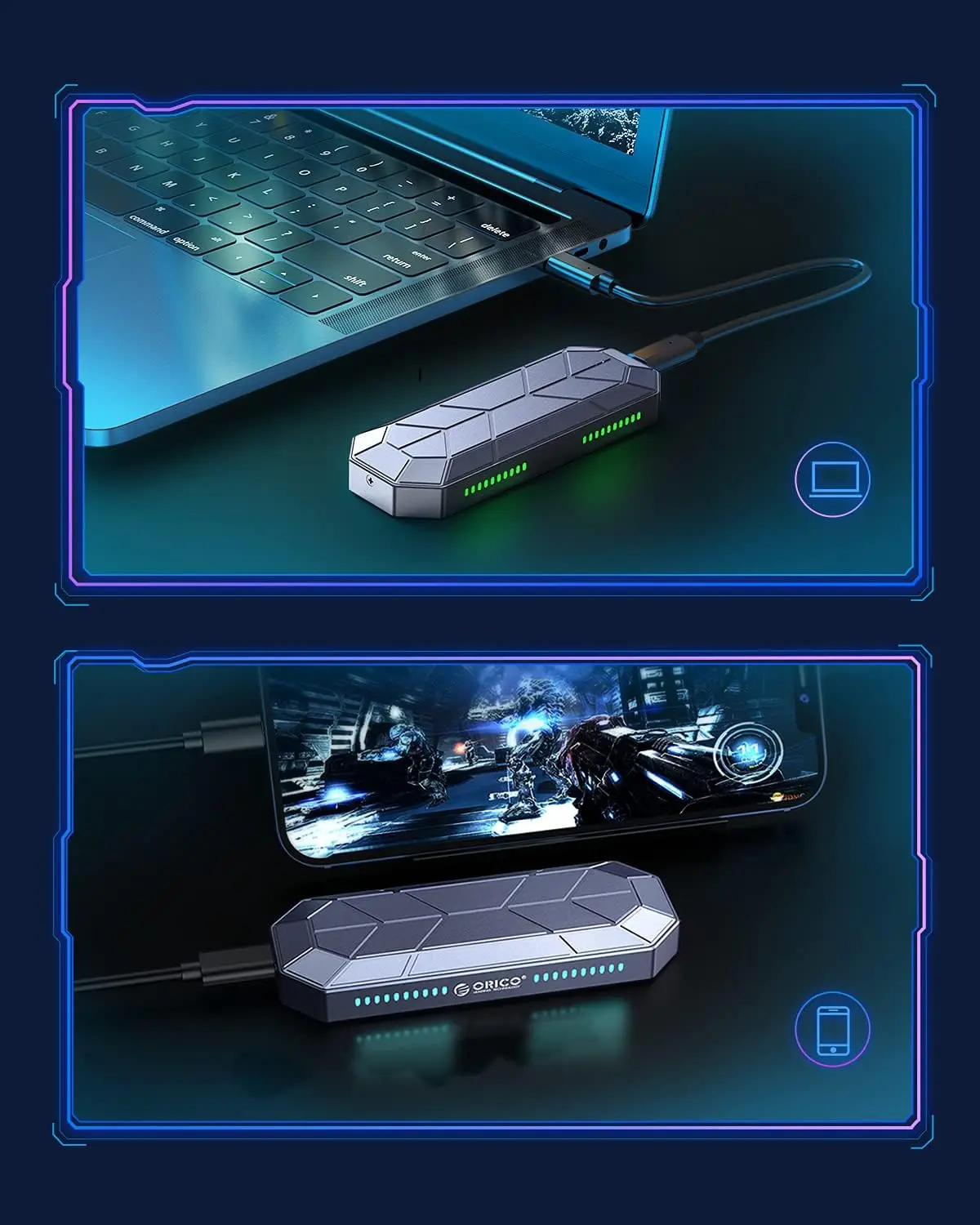 ORICO RGB M2 SSD 인클로저 M.2 NVME 솔리드 스테이트 드라이브 케이스 10Gbps SSD 박스 게임 스타일 컴퓨터 액세서리용 쿨러
