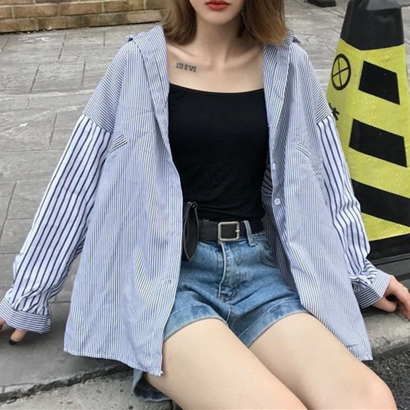 Shirt And Blouse For Women Korean Version Bat Sleeves Loose Striped Top Clothes Trendy Long Sleeve Casual Fashion Streetwear New