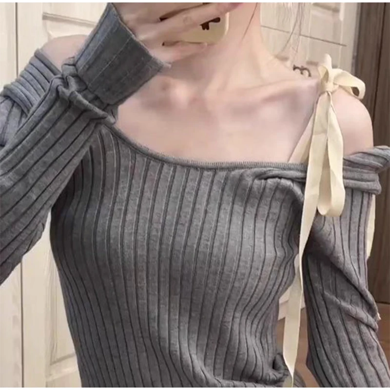 Sfd5987a53ccf47c58d915343500600b6G Fashion Knitted Pullover Women Street Vintage Lace-up Long Sleeve Female Sweater Spring All-match Slim Solid Lady Knitwear Mallzona