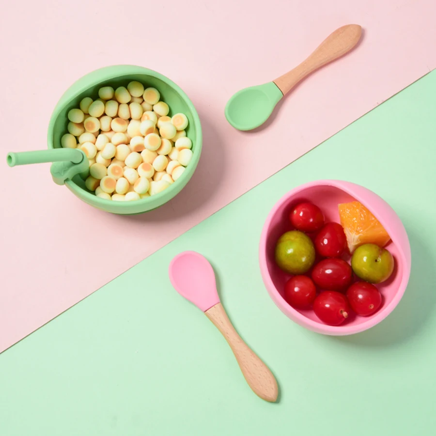 2pcs baby silicone bowl and spoons set for baby silicone feeding set children feeding tableware sucker bowl