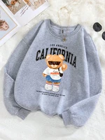 Autumn Winter Womens Pullover California Letter Trend Bear Printing Hoodie Loose Crewneck Warm Fleece Sweatshirt Street Clothing 1