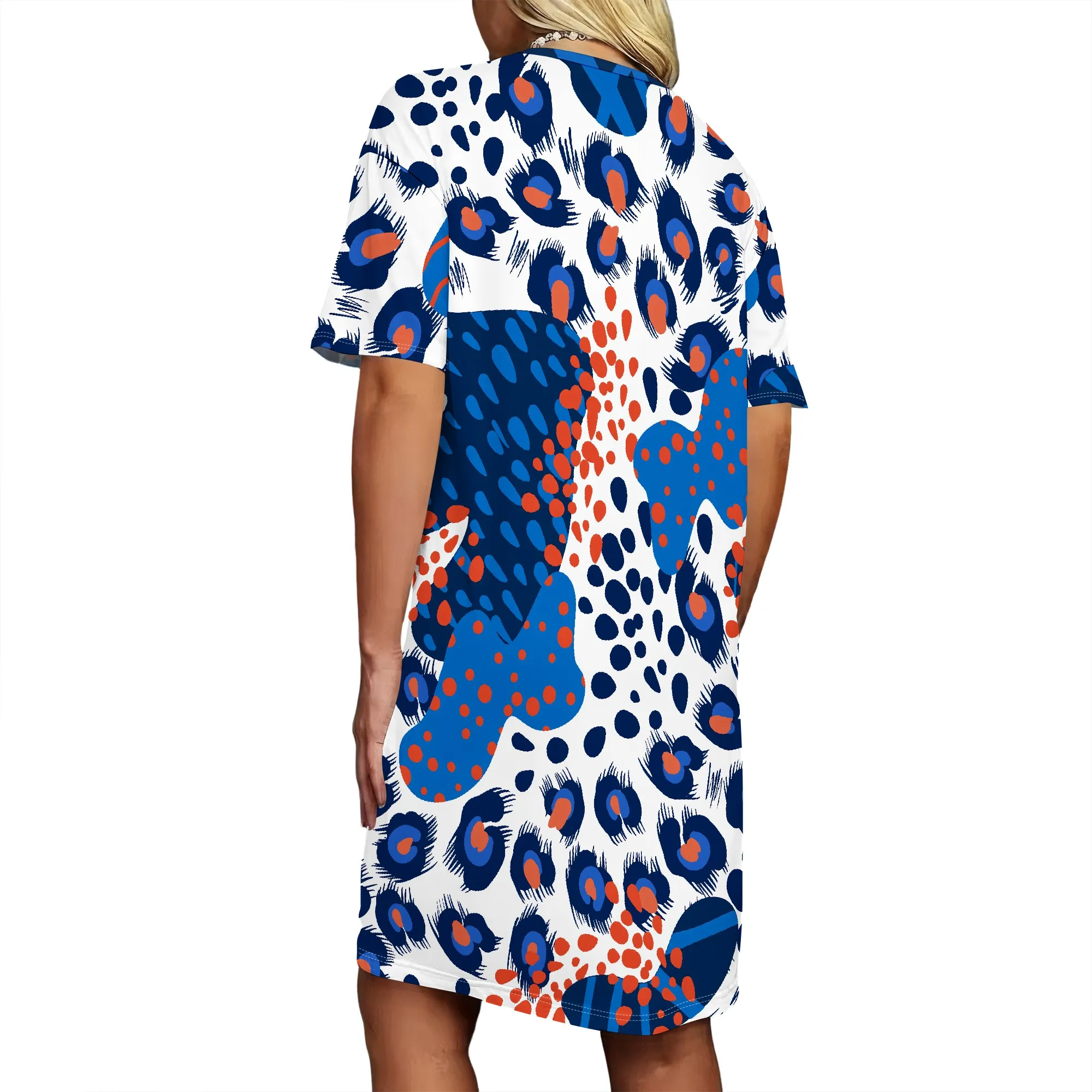 Auffälliges Leopardenmuster, Kurzarmkleid, Blau-Orange-Muster, Abstraktes Tierdesign, Lässige Sommerkleidung, Damenmode, S-2XL – Detail 3