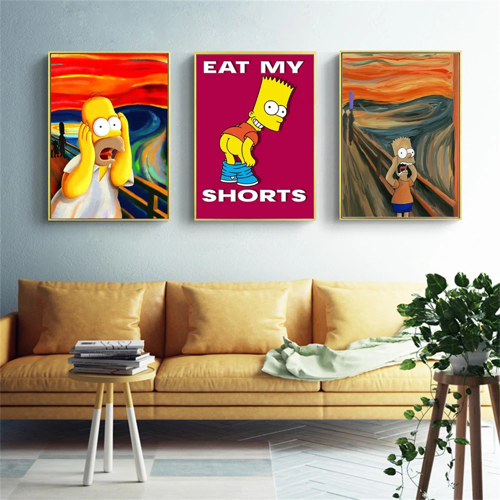 Disney Cartoon Print Famous Painting Homer Simpson Scream Canvas Poster Funny Simpsons Wall Art Picture For Living Room Decor