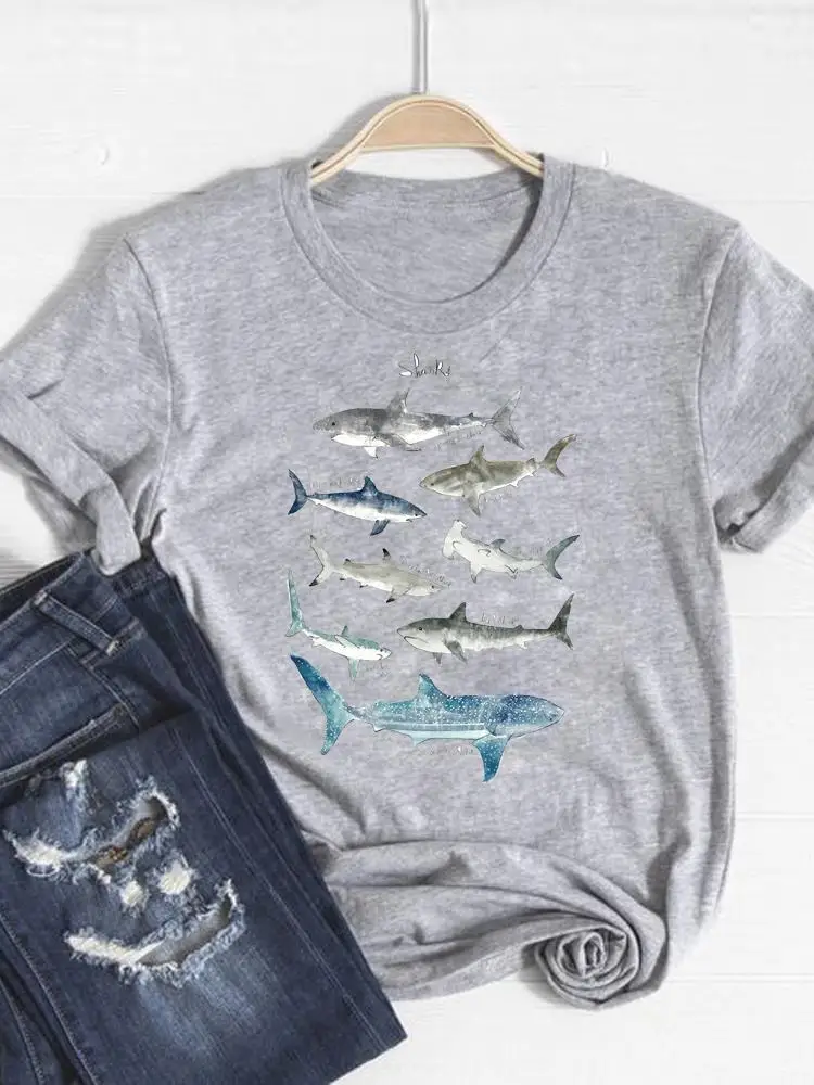Feder Aquarell Schöne Druck T Shirt Kurzarm Sommer Top Mode Kleidung Frauen Kleidung Grau Basic Tee Grafik T-shirt – Detail 6