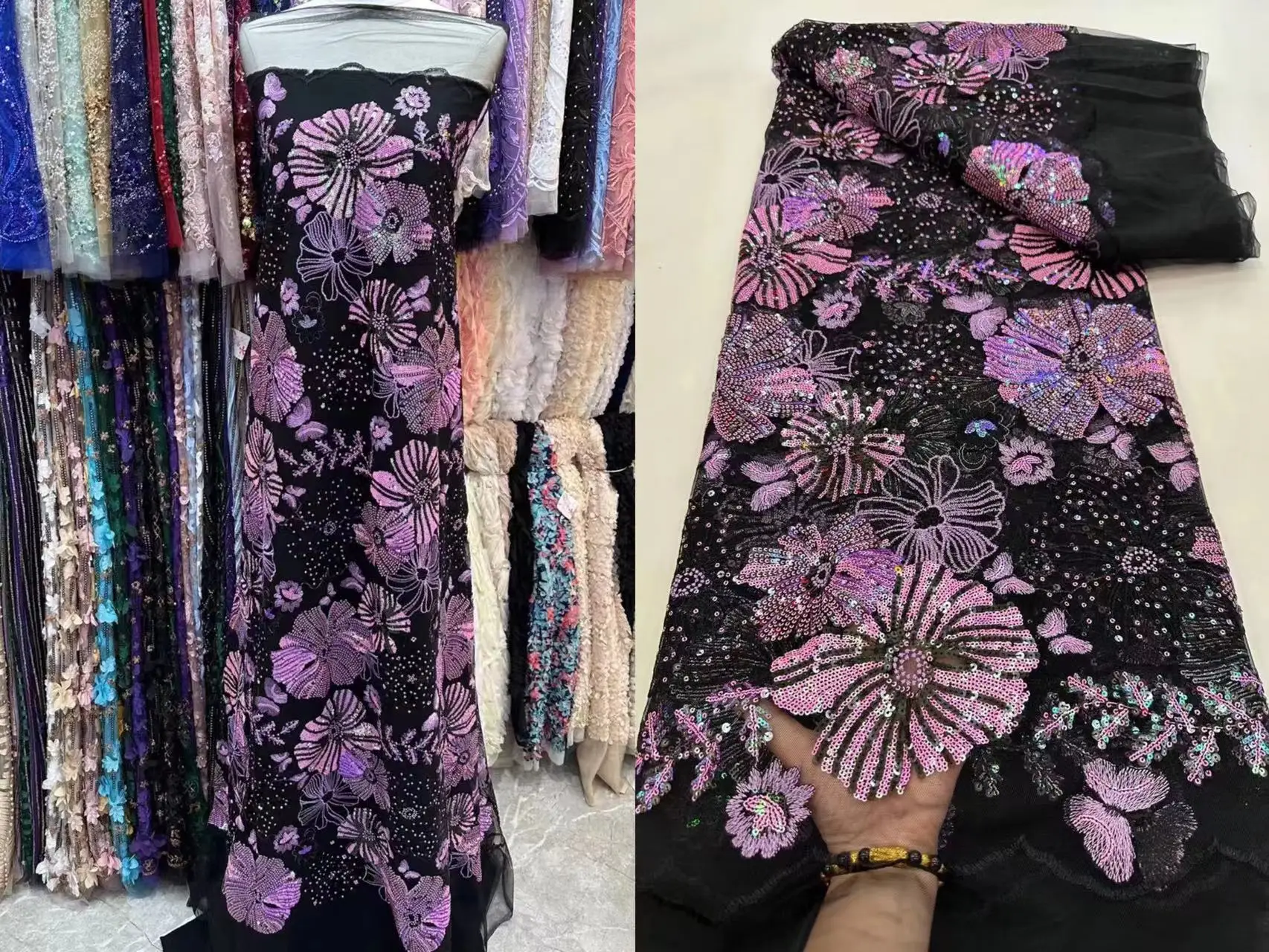 

SU504Newest Luxury Beads Lace High Quality African Groom Sequin Lace Fabric Handmade Lace Dress Fabric For Wedding Bridal