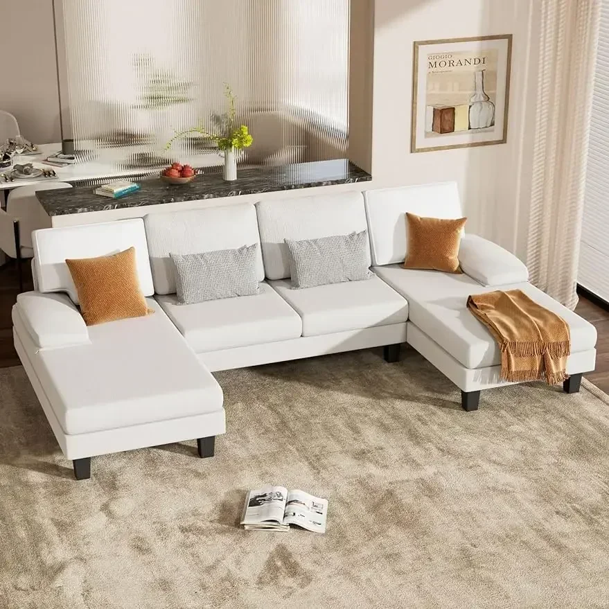 Couch Living Room Sets Chenille Fabric U-Shaped Sofa with Double Chaises, White