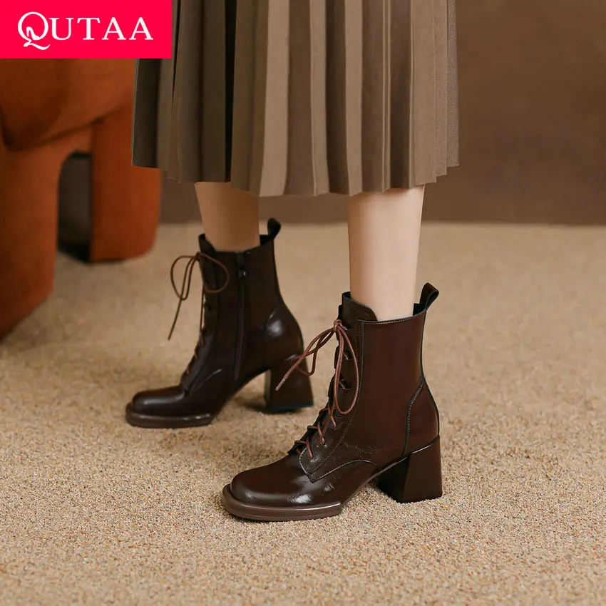 

QUTAA 2024 Thick High Heels Women Ankle Boots Autumn Winter Platforms Casual Split Leather Cross-Tied Shoes Woman Size 34-39