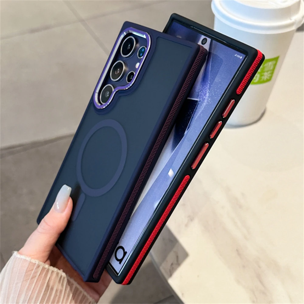 Luxury Matte Magnetic Phone Case For Samsung Galaxy S24 S23 S22 Ultra Plus For Magsafe Wireless Charging Shockproof Back Cover