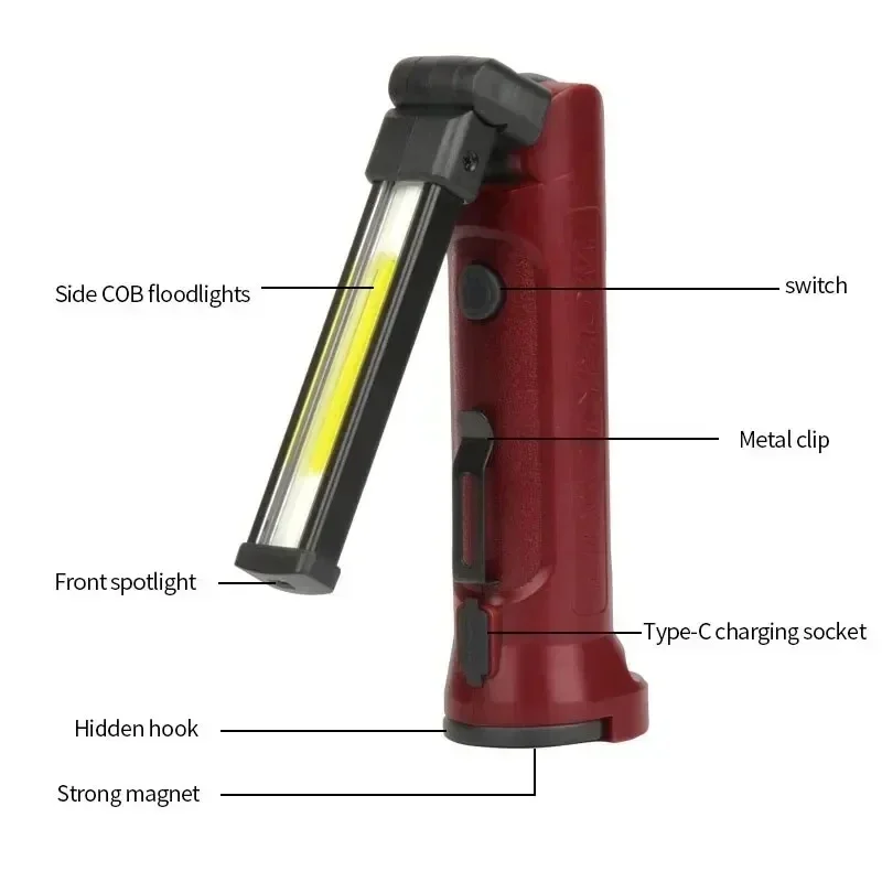 COB Work Light 180&deg; Folding Flashlight USB Rechargeable Portable Camping Emergency Repair Spotlight with Hanging Hook Magnetic