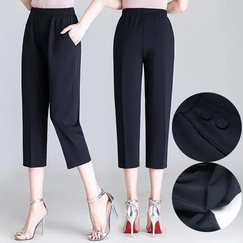 2024 Summer Large Size Loose Fitting Leisure Comfortable Elastic Waist Solid Color Thin Style Women's Straight Leg Pants