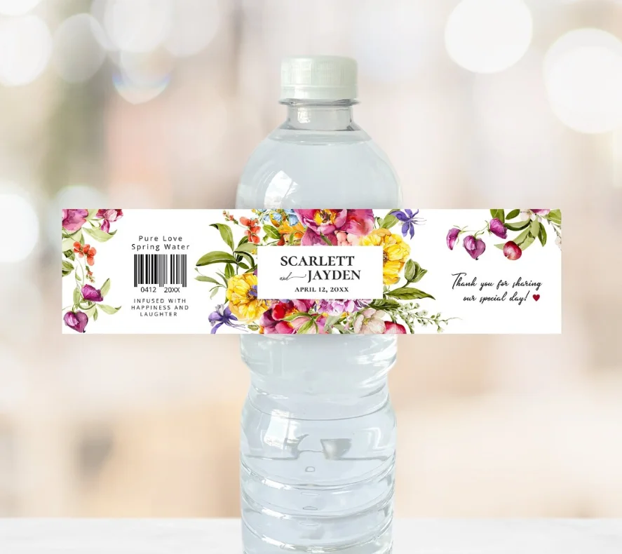 thumbnail image 1 of 30 piezas, etiquetas personalizadas con diseño floral para botellas de agua de boda, pegatinas, cumpleaños, aniversario, impermeables, 1 of 5