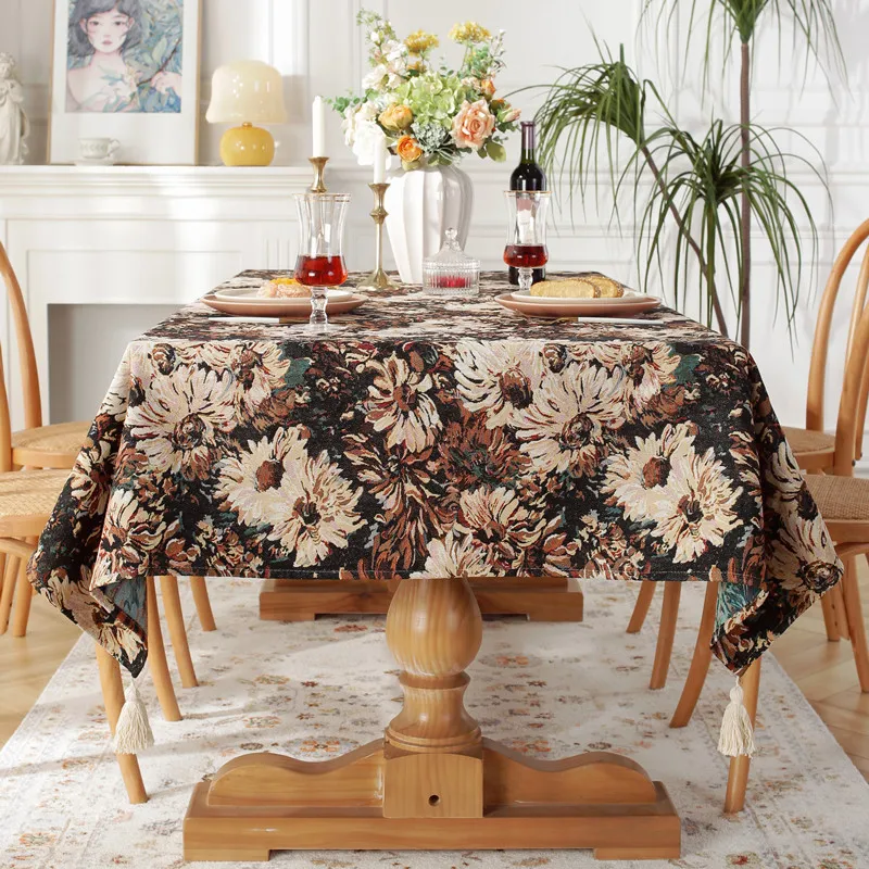 Jacquard Oil Painting Tassels Tablecloth Rectangular Dustproof Flower Table Cover Kitchen Dinning Coffee Table Decoration