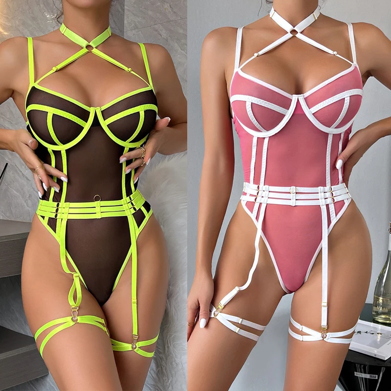 

2024 High Elasticity Mesh Tight Perspective Bodysuit Hanging Neck Fluorescent Sexy Bikini Sets Women Pole Dance Clothing DQL8332