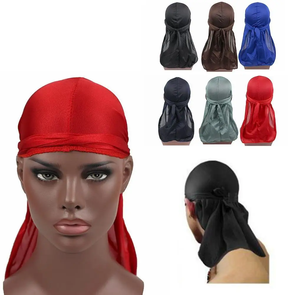 Unisex Silky Durag Turbante Cappello Parrucche Biker Copricapo Fascia Accessori Per Capelli Cinghie Lunghe Coda Bandane Silky Durags