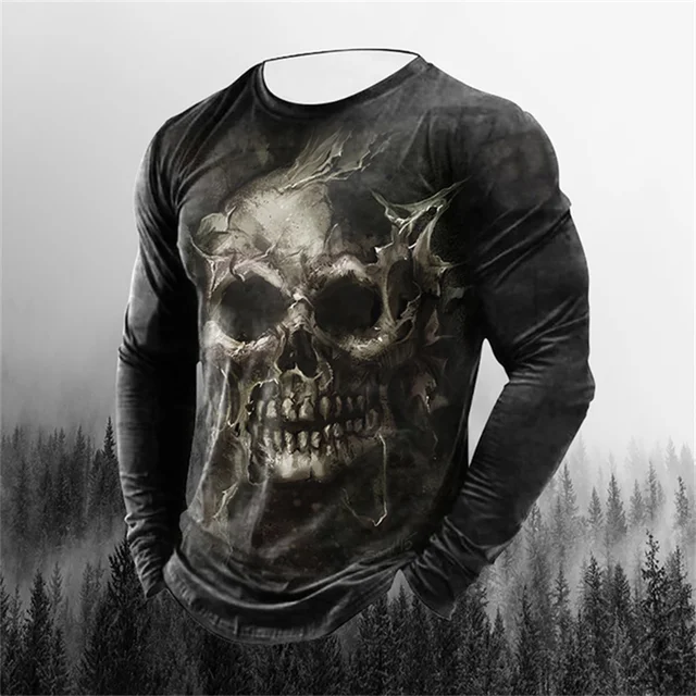 Long Sleeve Horror Skull 3d Printed Men's Oversized T Shirt New Winter Street Hip Hop High Quality Fashion Black Casual Shirt 2