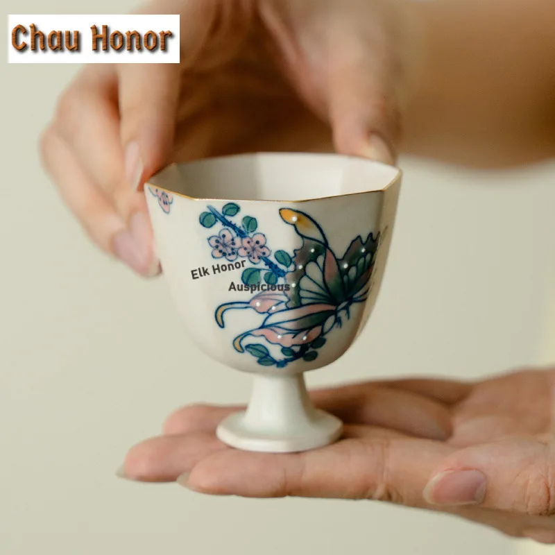 65ml Hand-painted Butterfly High-footed Teacup Boutique Tea Bowl Cup For Tea-tasting Fragrance Cup Chazhan Master Cups Tableware