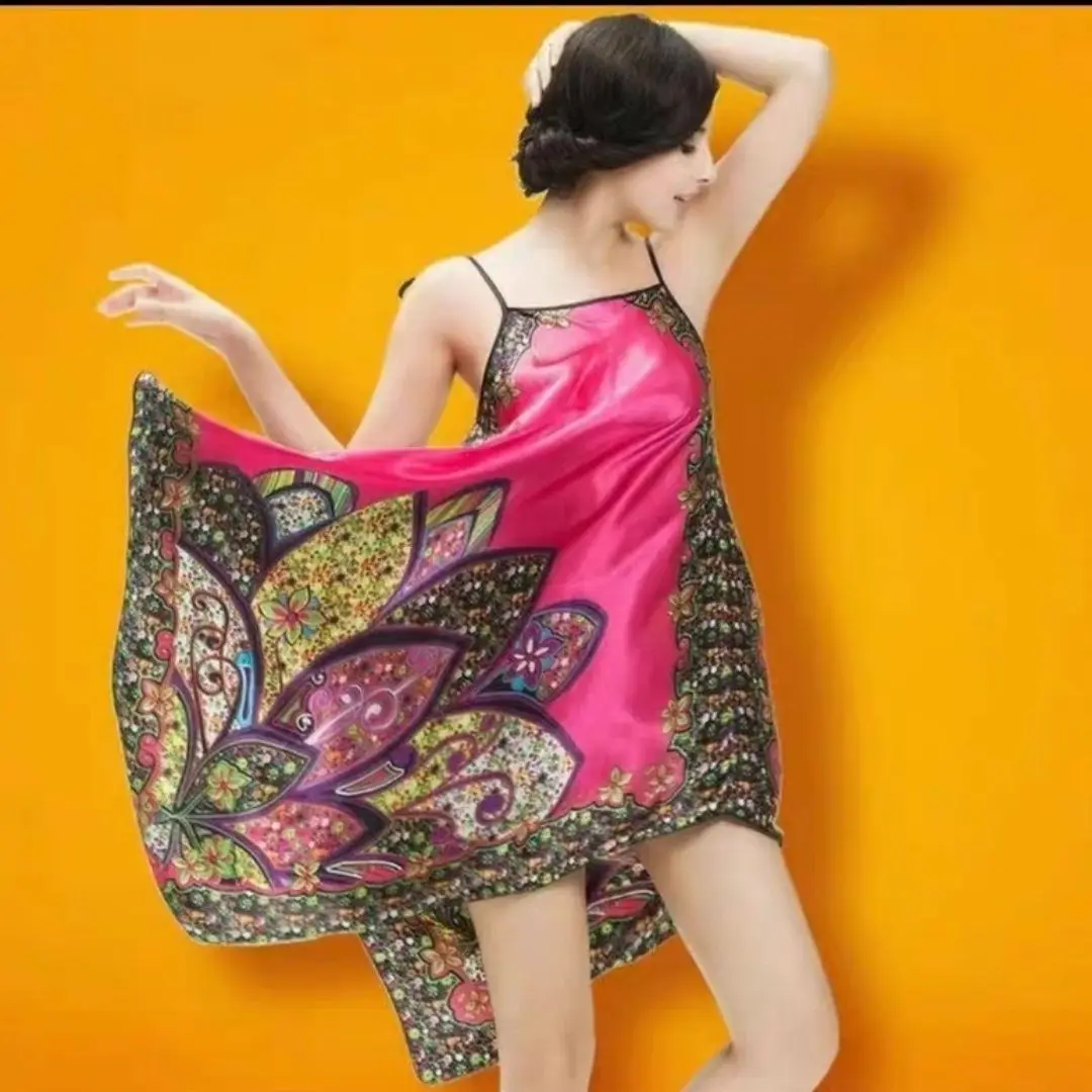 فستان نوم نسائي من الحرير المقلد مطبوع سهل الارتداء