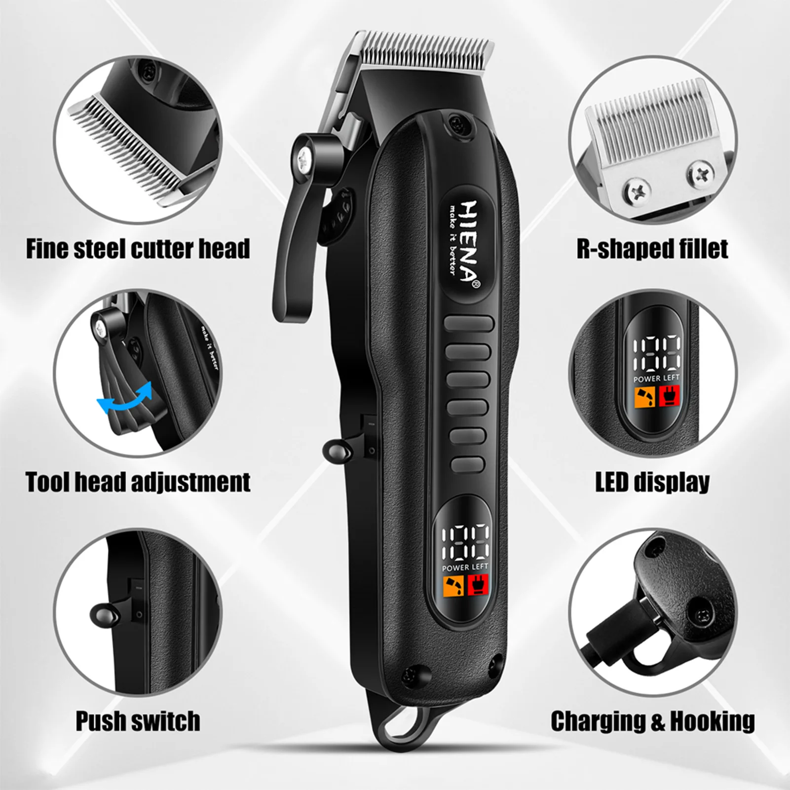 HIENA Hair Clippers 1200mah Powerful Battery Electric hair Trimmer Professional barber hair cutting machine Cordless clippers 5
