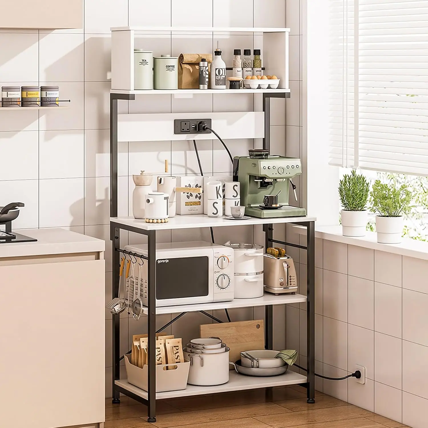 نير، خزانة مطبخ مع محطة شاحن و10 خطافات على شكل حرف S، طاولة زاوية قهوة خشبية لبار القهوة، رف مطبخ للمطابخ،