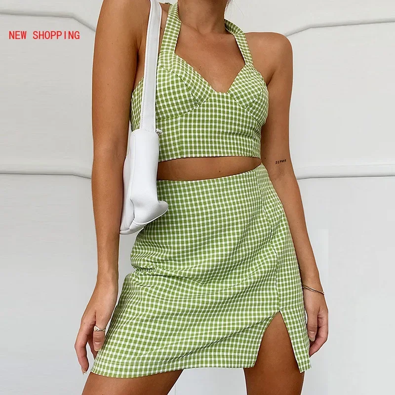 Vintage Green Set Women Bohemia Women's Set Plaid Print Halter Tank Top + Skirt High Waist Mini 2 Pieces Set Crop Top Vestidos