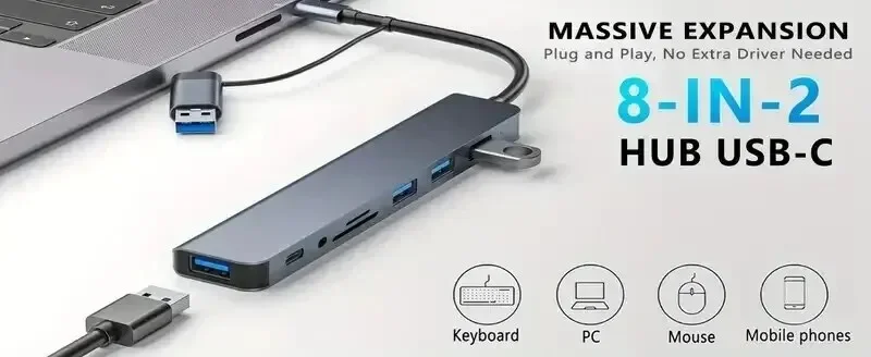 Hub 8 in 2 con splitter, lettore USB, porta C 3.0, 2.0, docking station per schede SD e TF._voghion.com