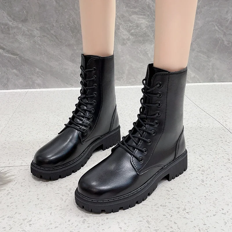 

Женские ботинки на шнуровке, однотонные водонепроницаемые ботинки с круглым носком, на платформе, осень 2023