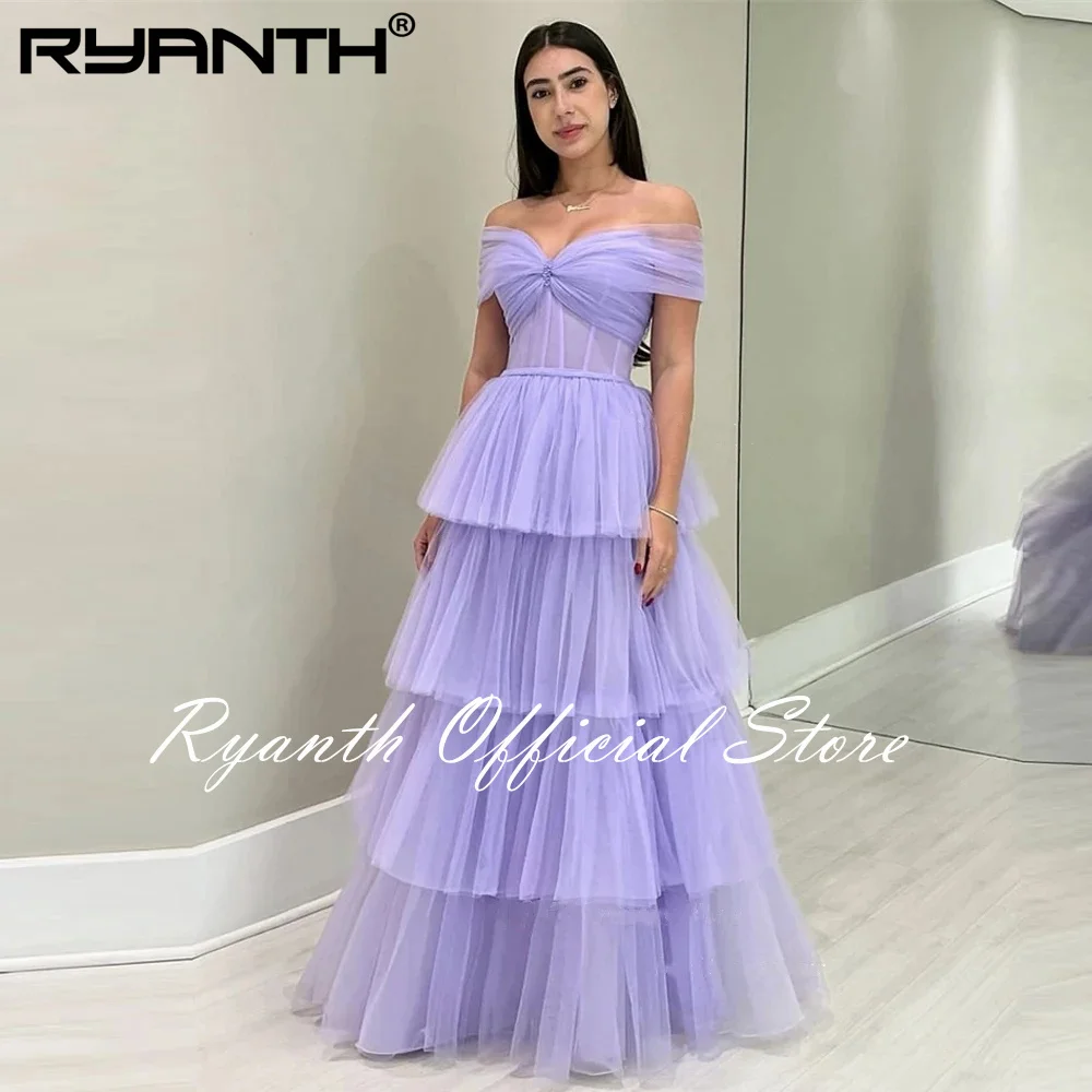 

Ryanth Lavender Tulle Long Prom Dresses Off the Shoulder Tiered Skirt A Line Wedding Party Dresses Elegant Evening Dresses Party