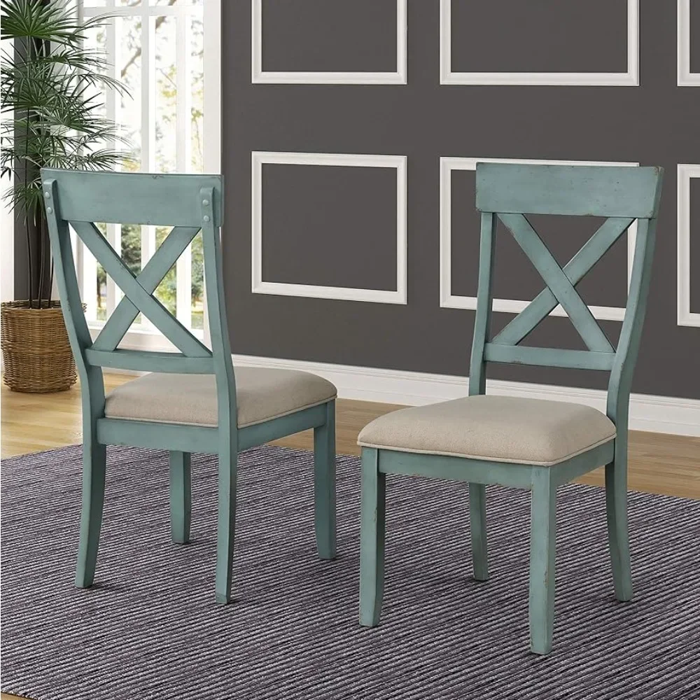 

Set of 2 Living Room Chairs Prato Two-Tone Wood Cross Back Upholstered Dining Chairs Blue and Tan Freight Free Furniture Home