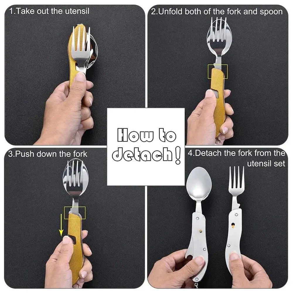 4-In-1 Stainless Steel Tableware Set Foldable Knife Spoon Fork Bottle Opener Outdoor Camping Fruit Knife Folding tableware set