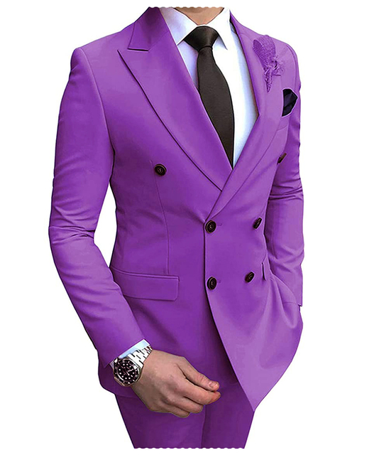 2024 New Beige Men's Suit 2 Pieces Double Breasted Notch Lapel Flat Slim Fit Casual Tuxedos For Wedding(Blazer+Pants) - Purple, Custom size