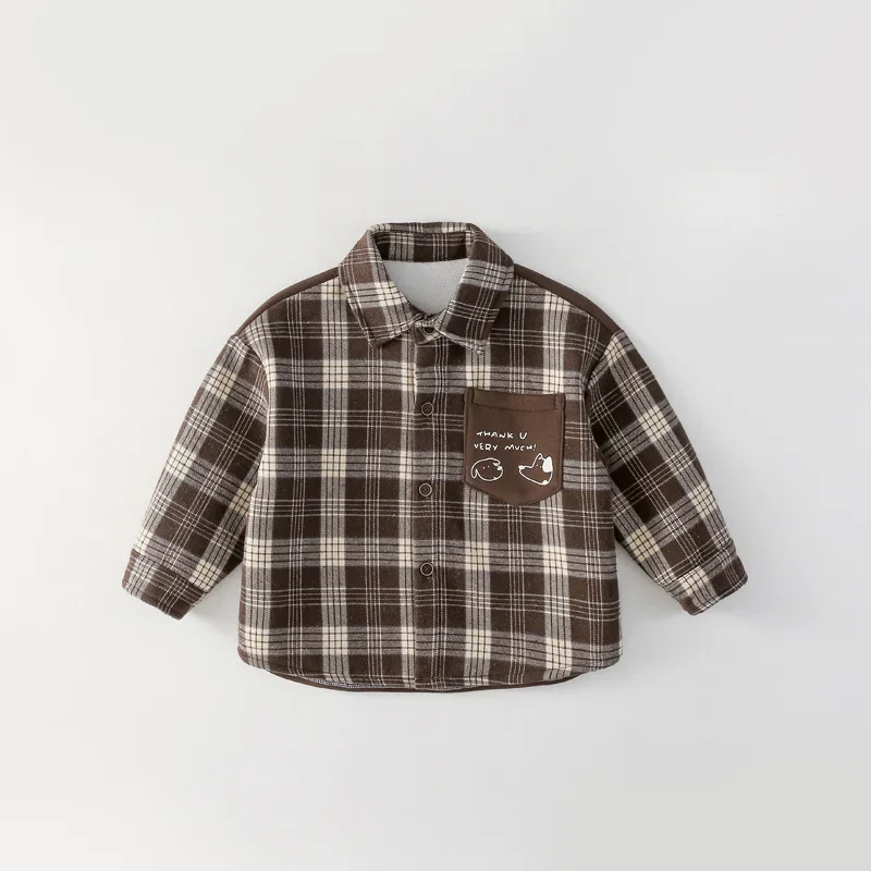 Thickened Long Sleeve Fleece Lined Baby Shirt Autumn Winter Kids Clothing Korean Style Toddler Boys Open Cardigan Top