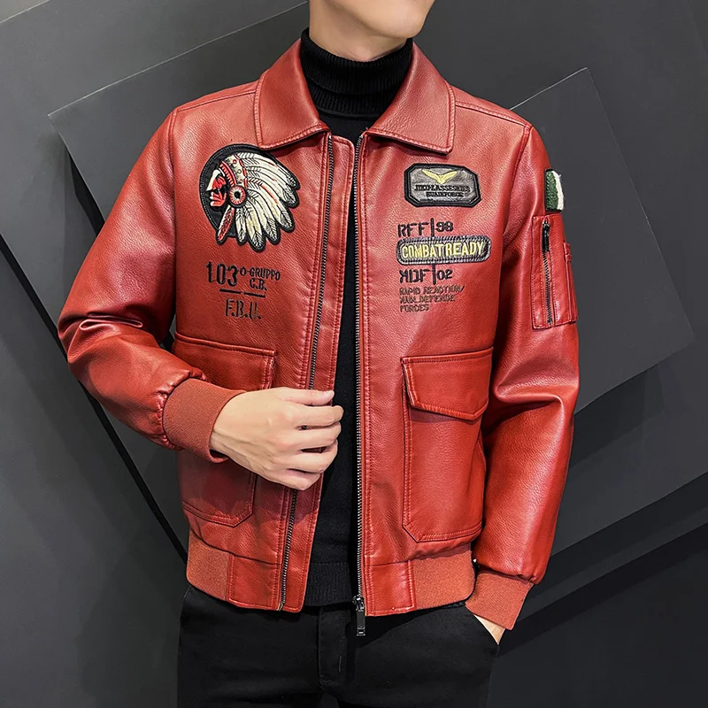 

Leisure Motorcycle Windproof Zipper Standing Collar PU Leather Jacket Men's Slim Fit High Quality Fashion Coat Street Wear