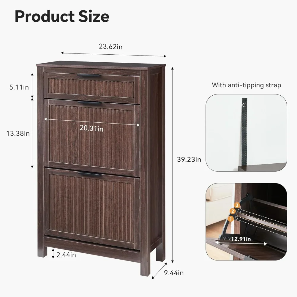 Narrow Flip-Drawer Shoe Cabinet, Wooden Entryway Storage Organizer with Adjustable Shelves