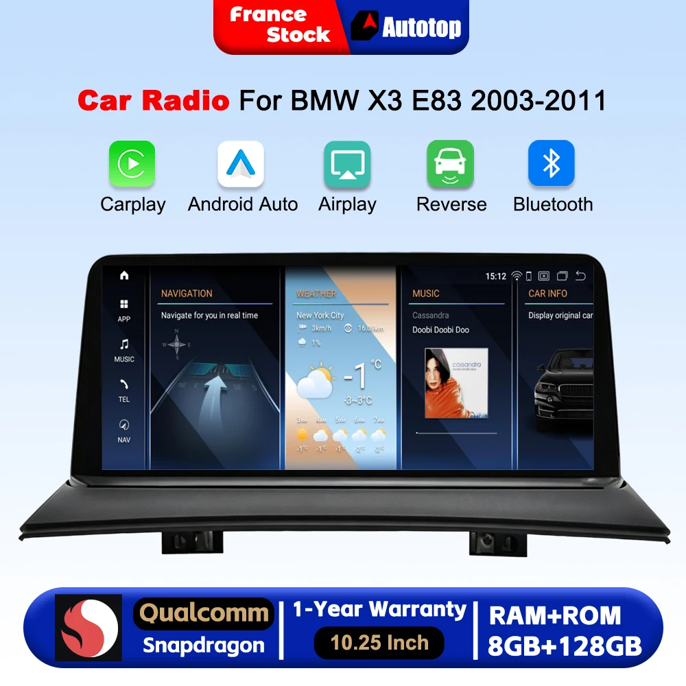 Radio para coche Qualcomm 4+64GB/8+128G con CarPlay inalámbrico y Android Auto, pantalla de 10.25 pulgadas para BMW X3 E83 2003-2011, compatible con la pantalla original del coche, sistemas inteligentes, radio multimedia inteligente con Bluetooth, navegación GPS, Autolink, Navi, Mirror Link, AirPlay. 1